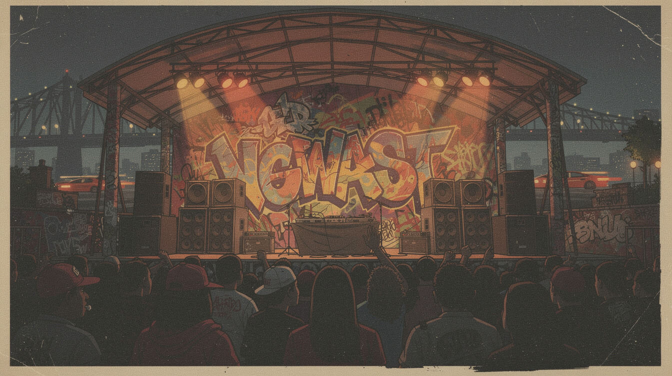 Lower East Side amphitheater band shell with sound system and graffiti backdrop, inspired by the Wild Style movie finale
