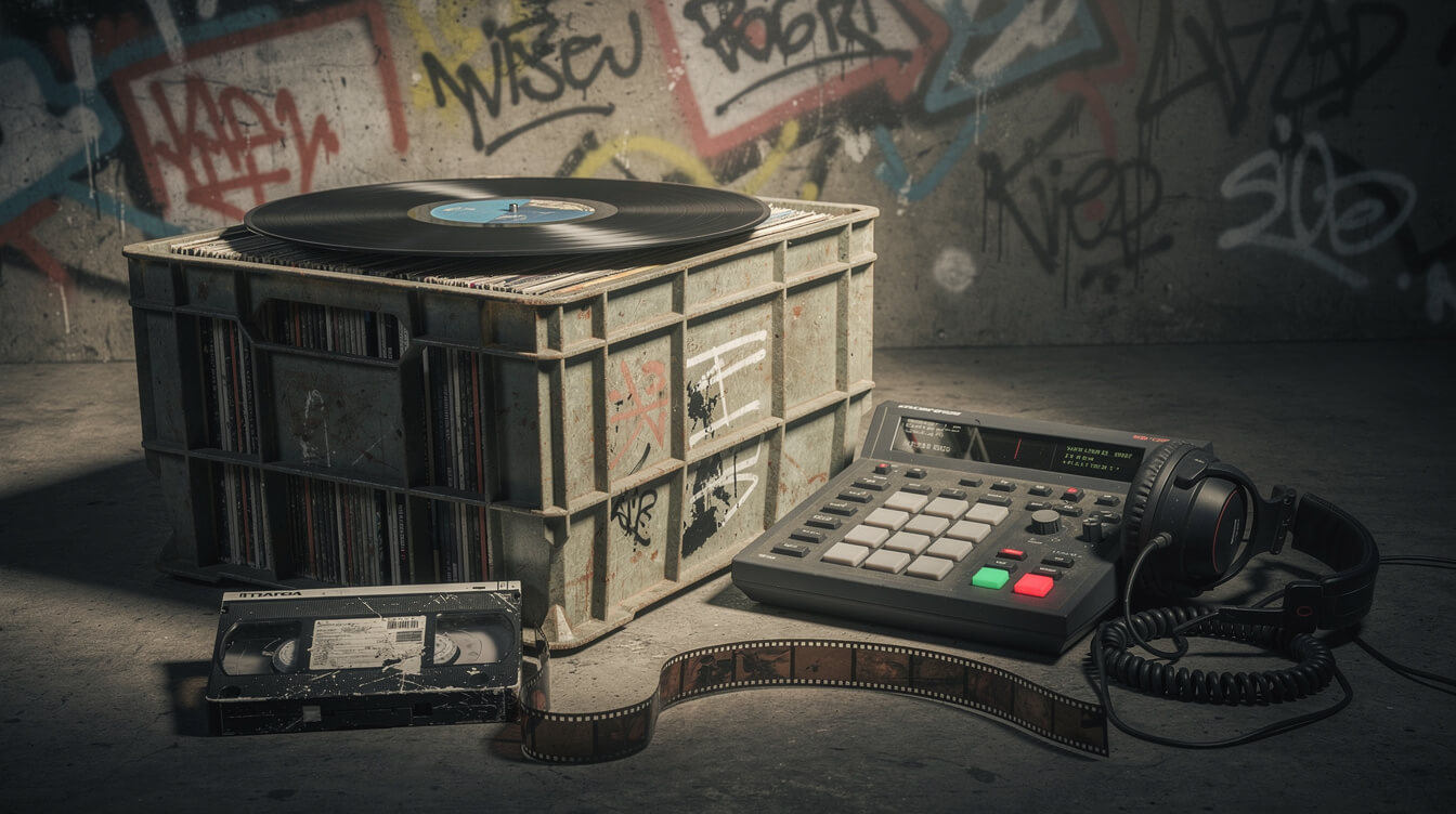 VHS tape, film strip and vinyl on record crates representing Wild Style movie samples in 90s hip-hop