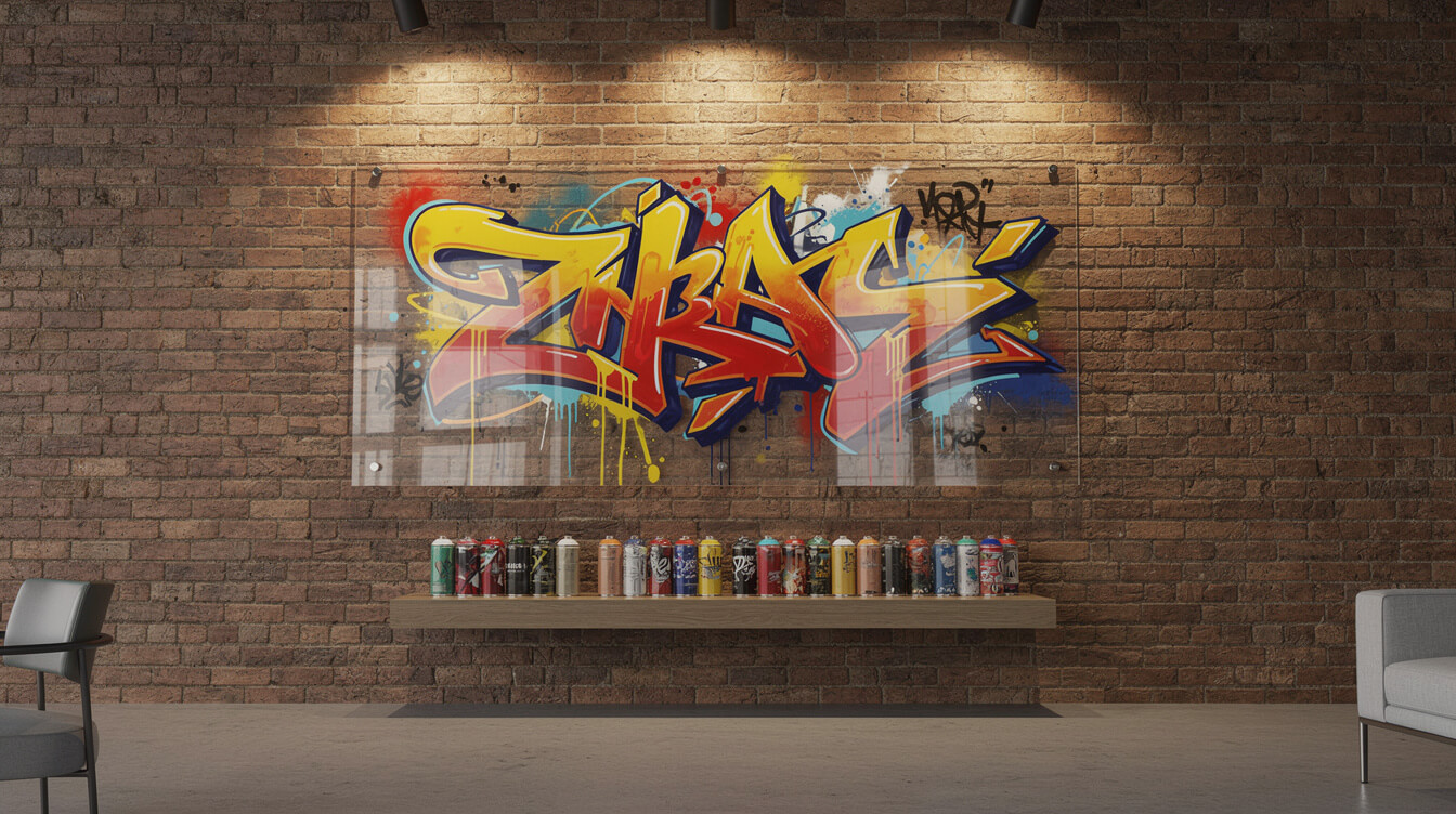Frameless glass graffiti art panel on a loft wall, street-art legacy of the Wild Style movie