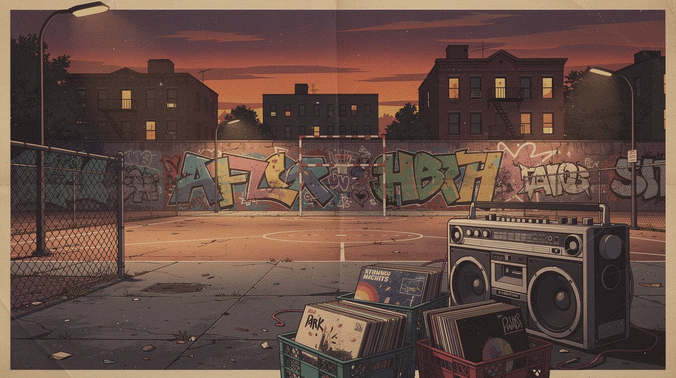 Retro South Bronx park jam poster with boombox and graffiti, early hip-hop era of the Wild Style movie