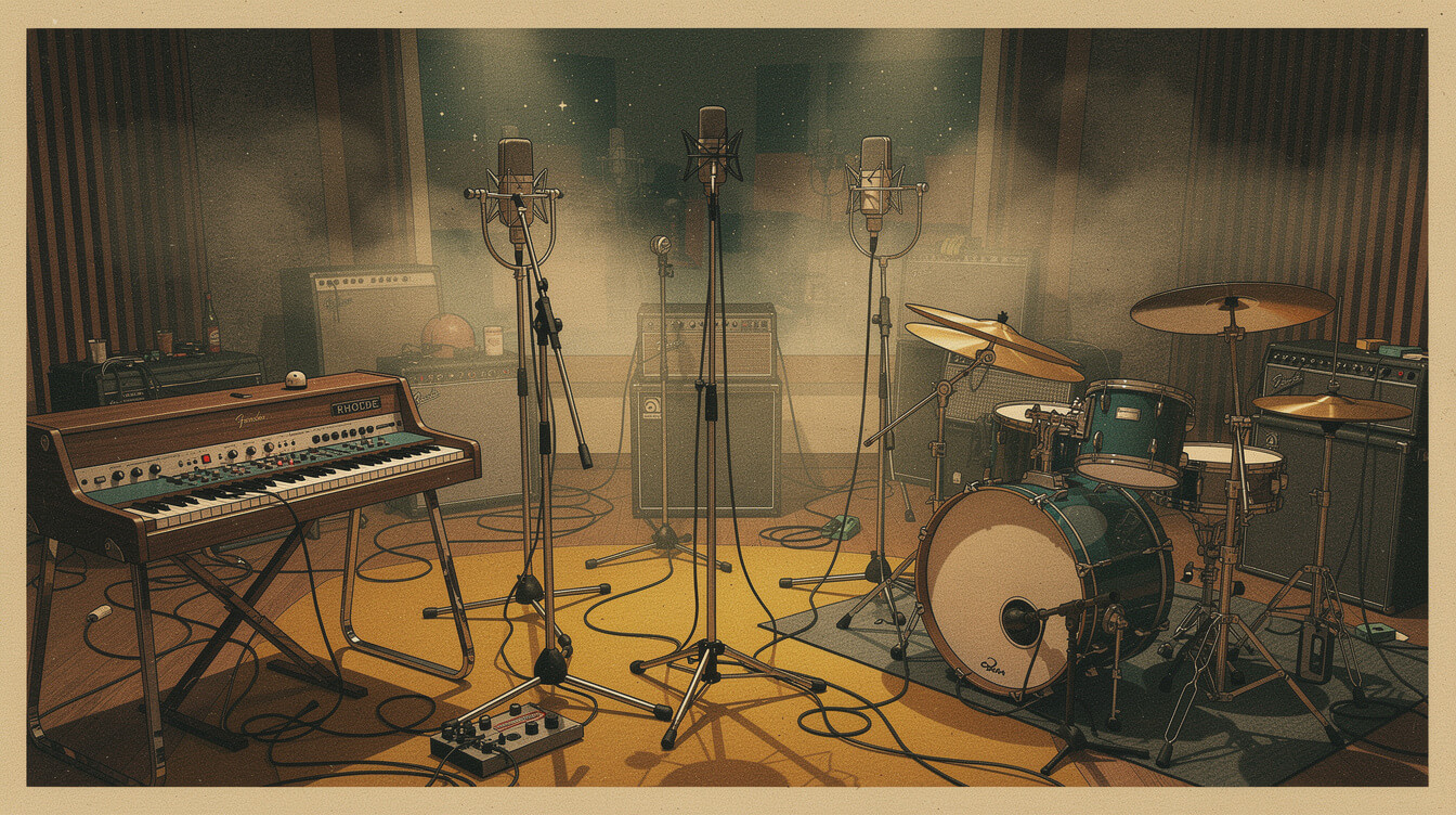 Vintage studio live room with Rhodes keyboard and drum kit, the Soulquarians era of J Dilla's production