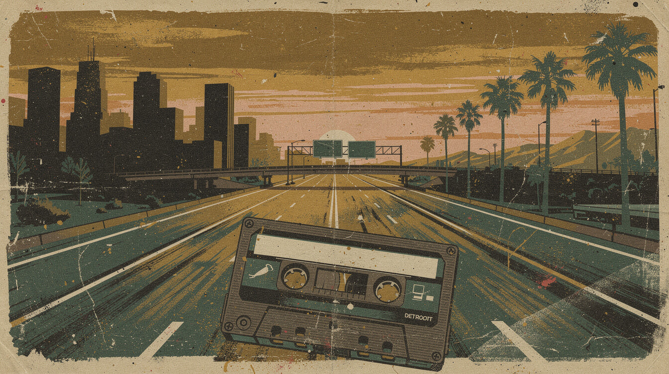 Highway from Detroit to Los Angeles with a cassette in the foreground, J Dilla's move west