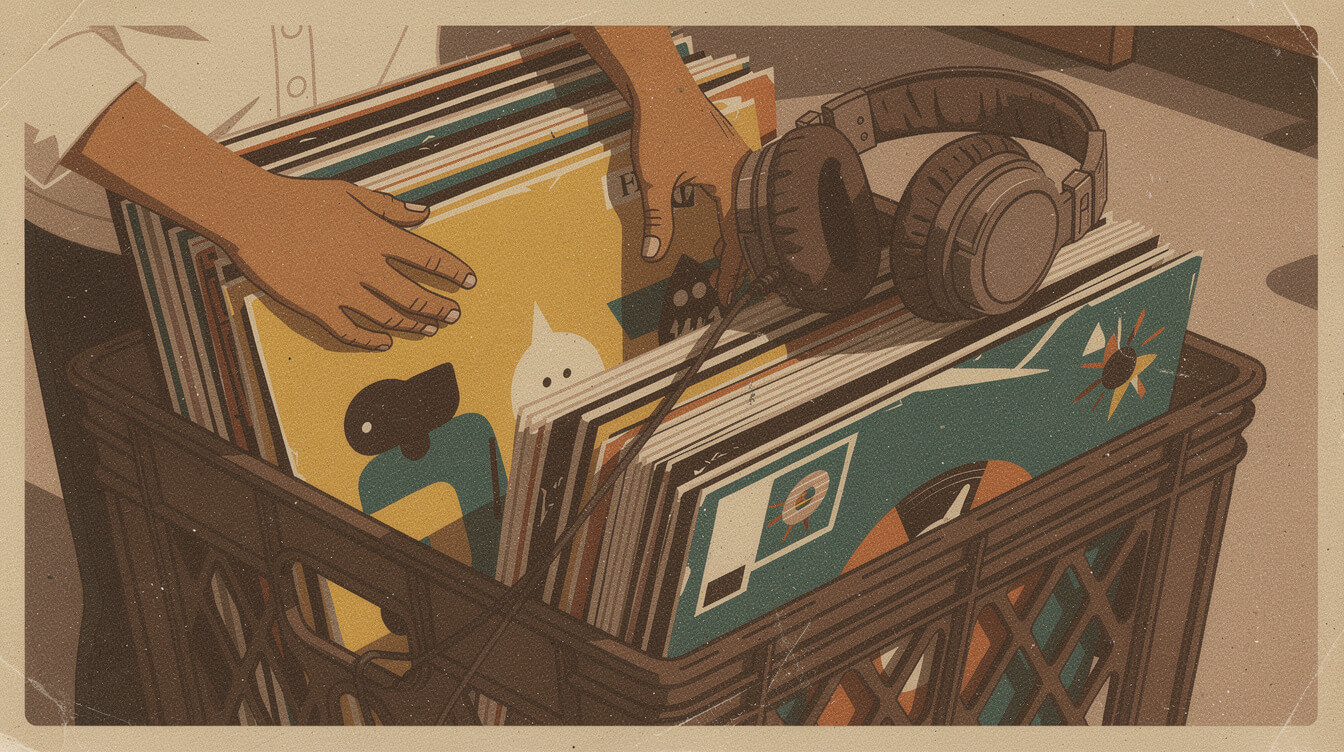 Hands digging through a crate of hip-hop and soul vinyl, starting a J Dilla listening path