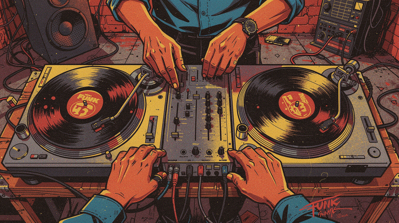 Two turntables with doubled funk records, DJing as the first of the four elements of hip hop