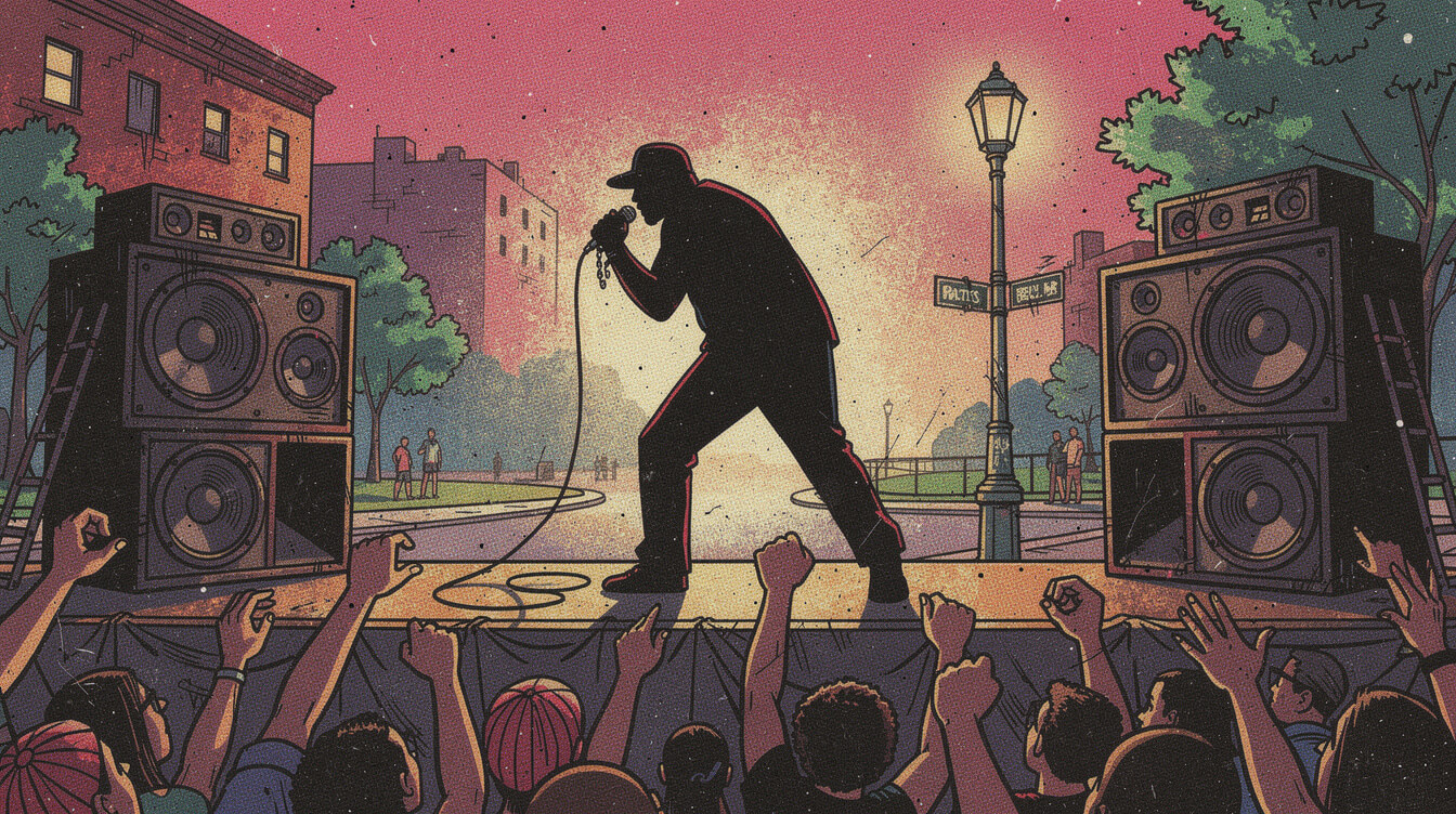 MC silhouette rocking a corded microphone at a Bronx block party