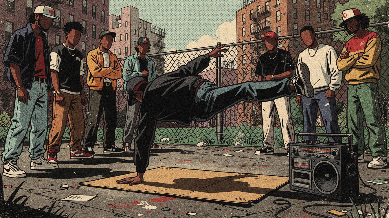 B-boy holding a freeze on cardboard in a park, breaking as one of the 4 elements of hip hop