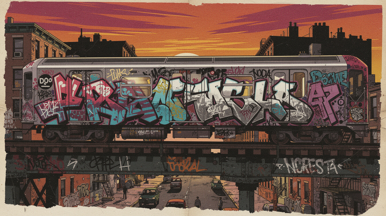 New York subway car covered in wildstyle graffiti pieces