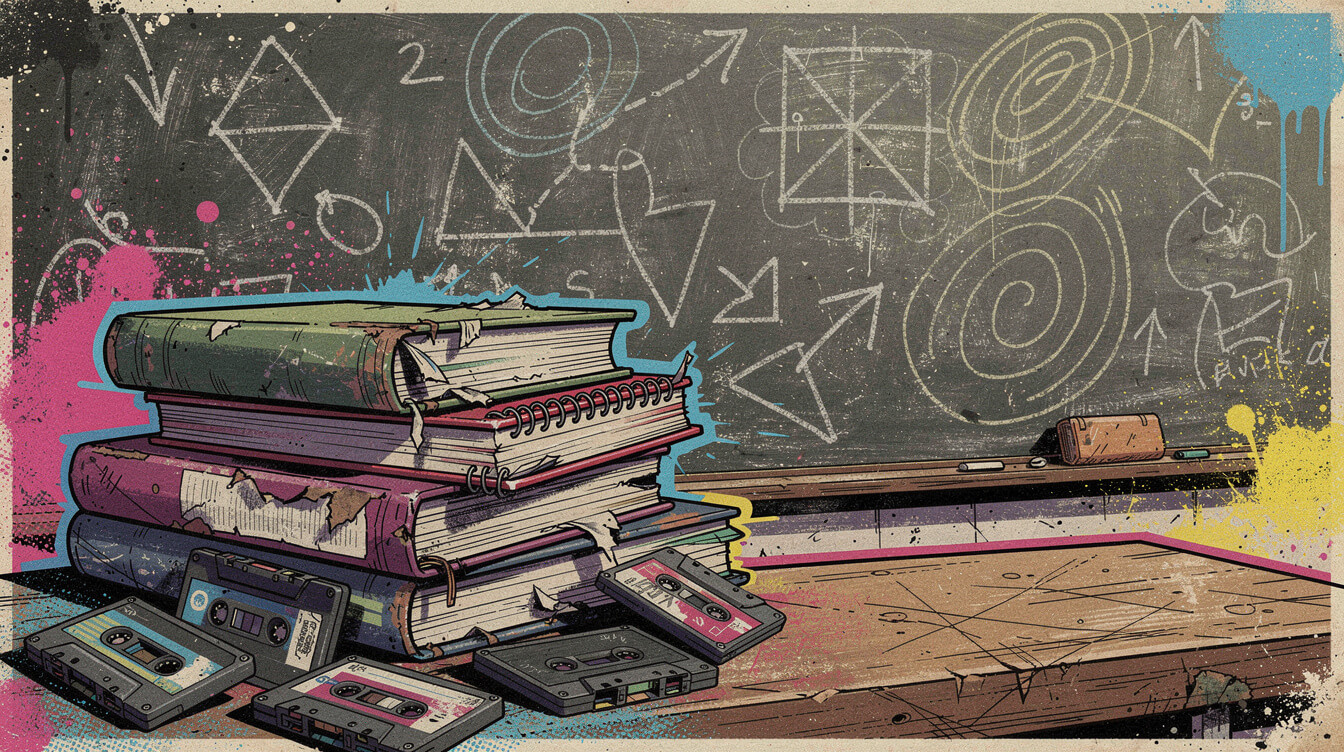 Books, notebooks and cassettes representing knowledge, the fifth element of hip hop