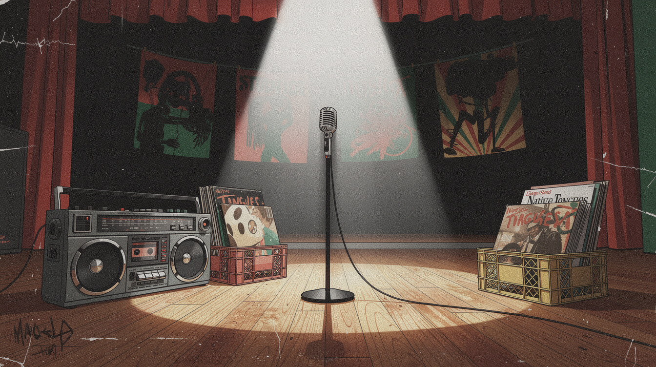 Leaders of the New School era hip-hop talent show stage illustration