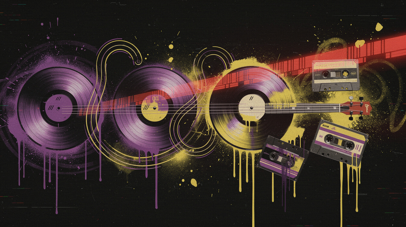 Busta Rhymes fastest verses vinyl and cassette collage illustration