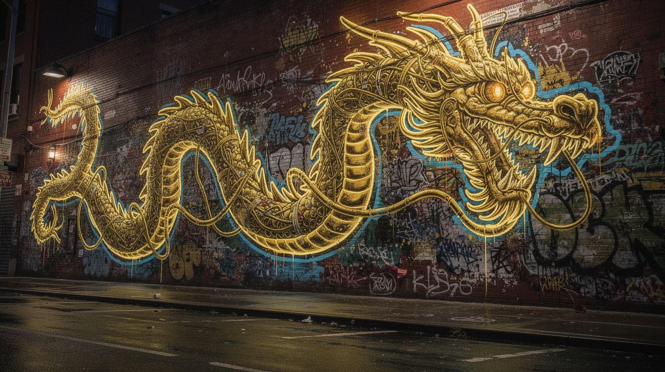 Busta Rhymes legacy graffiti dragon mural illustration