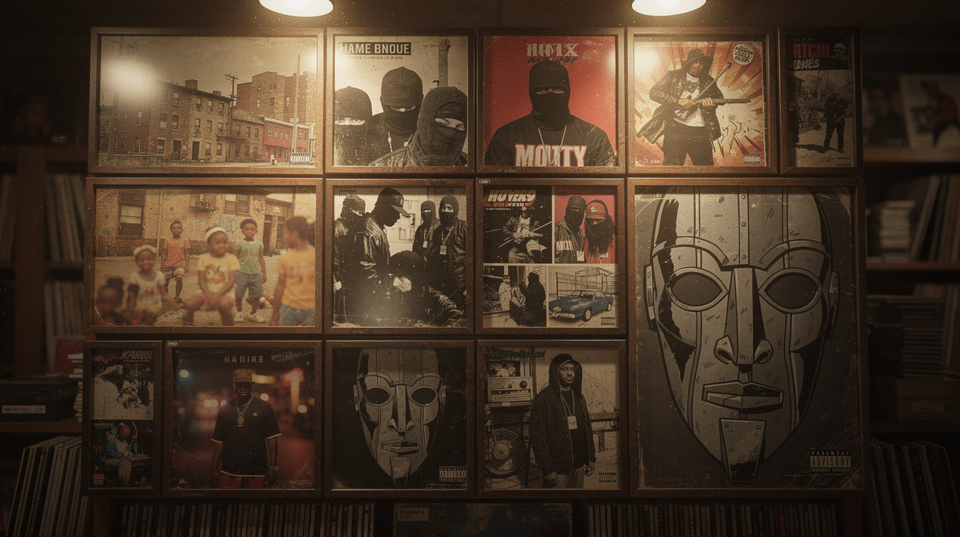 rap posters of classic hip-hop album covers framed on a record store wall