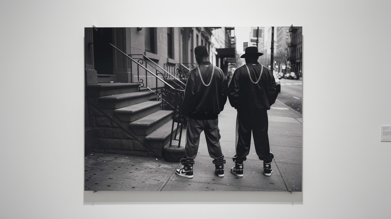 black and white 1980s New York street photography print of b-boys in a gallery