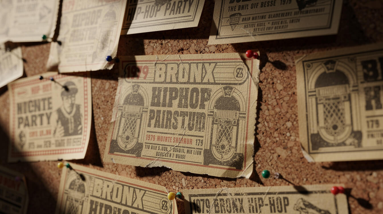 vintage Bronx hip-hop party flyers on a corkboard
