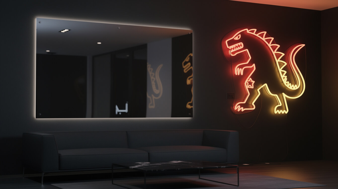 frameless glass photo print beside a neon sign on a black wall