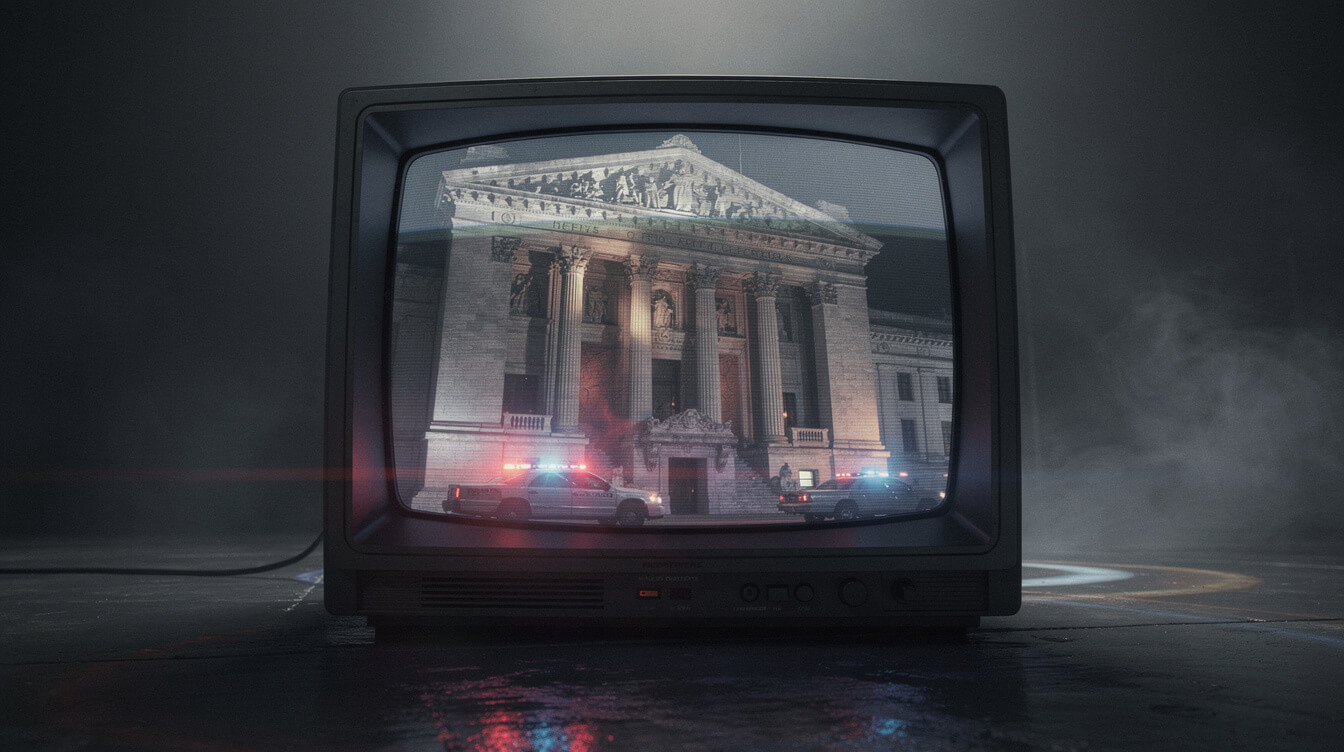 Retro TV showing a bank under police lights from the Party Up music video