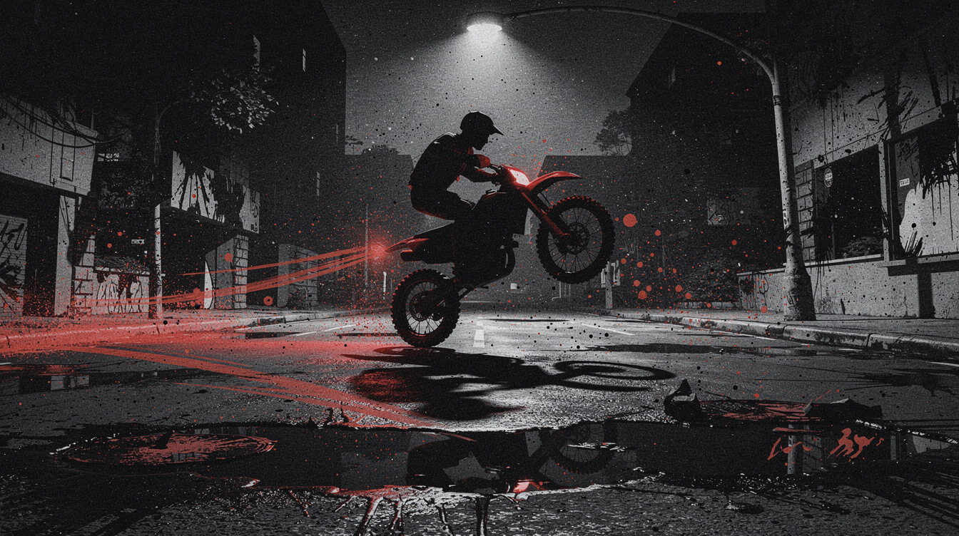 Ruff Ryders-style dirt bike silhouette at night