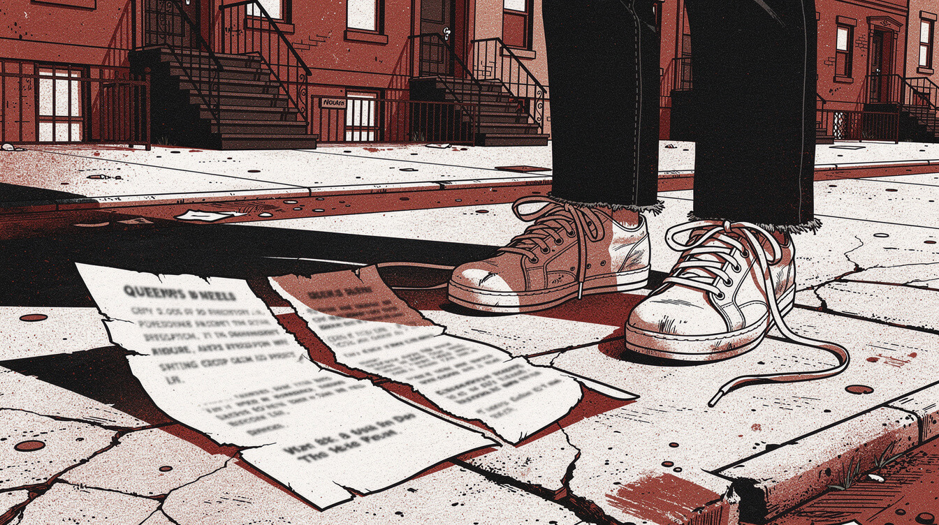 Torn neighborhood pamphlet next to unlaced shell-toe sneakers on a Queens sidewalk
