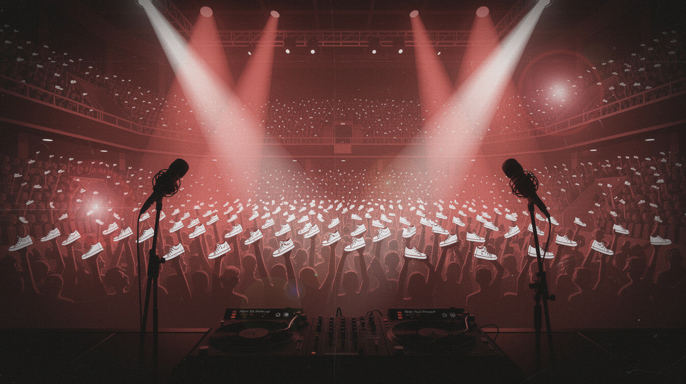 Sold-out 1980s arena crowd holding sneakers in the air under red stage lights