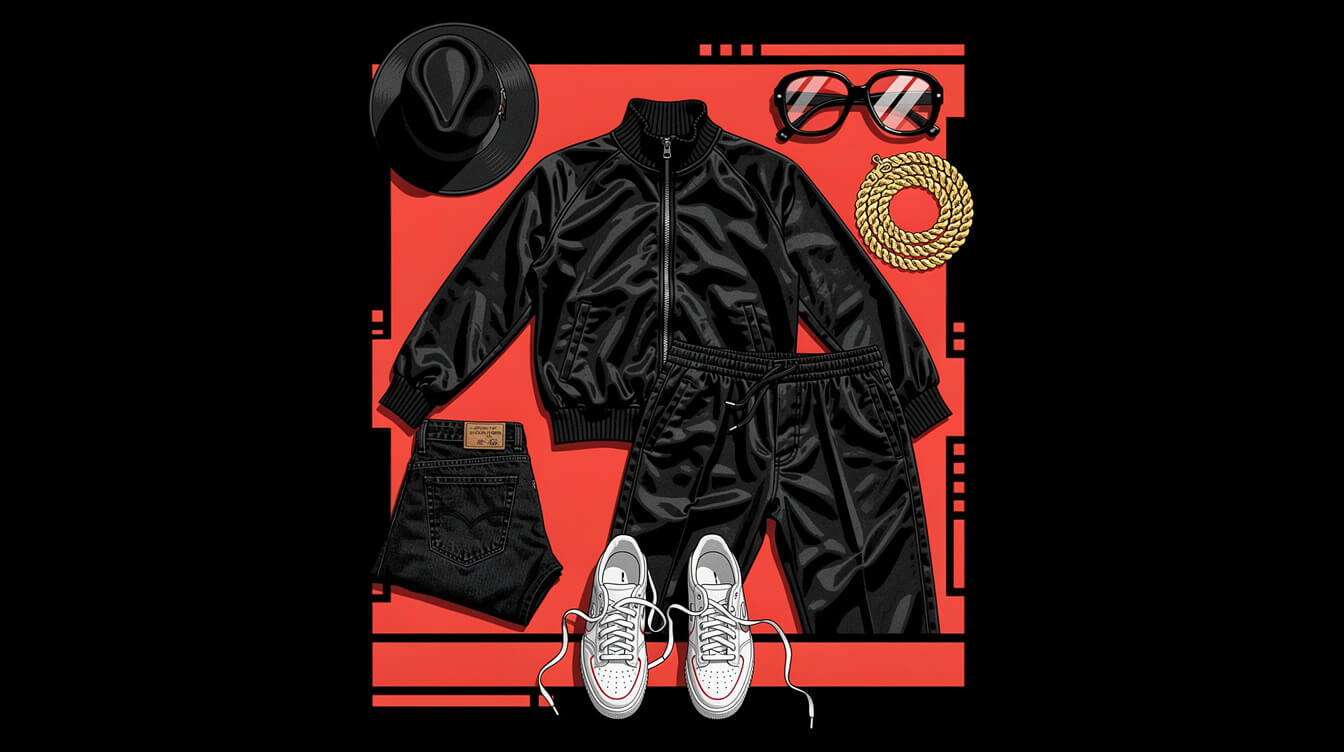 Flat-lay of 1980s Hollis b-boy outfit: black tracksuit, fedora, rope chain, glasses, shell-toe sneakers