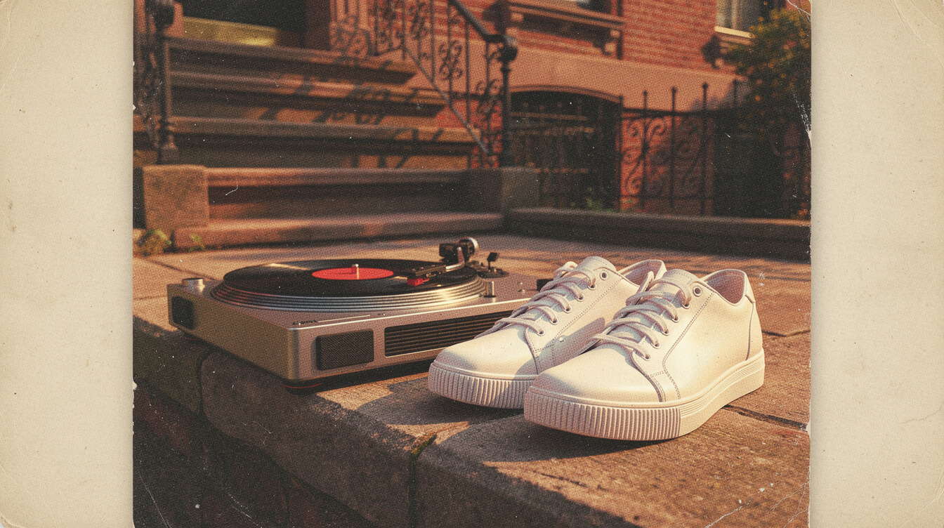 Run DMC Adidas 1986 My Adidas single illustration with turntable and shell-toe sneakers