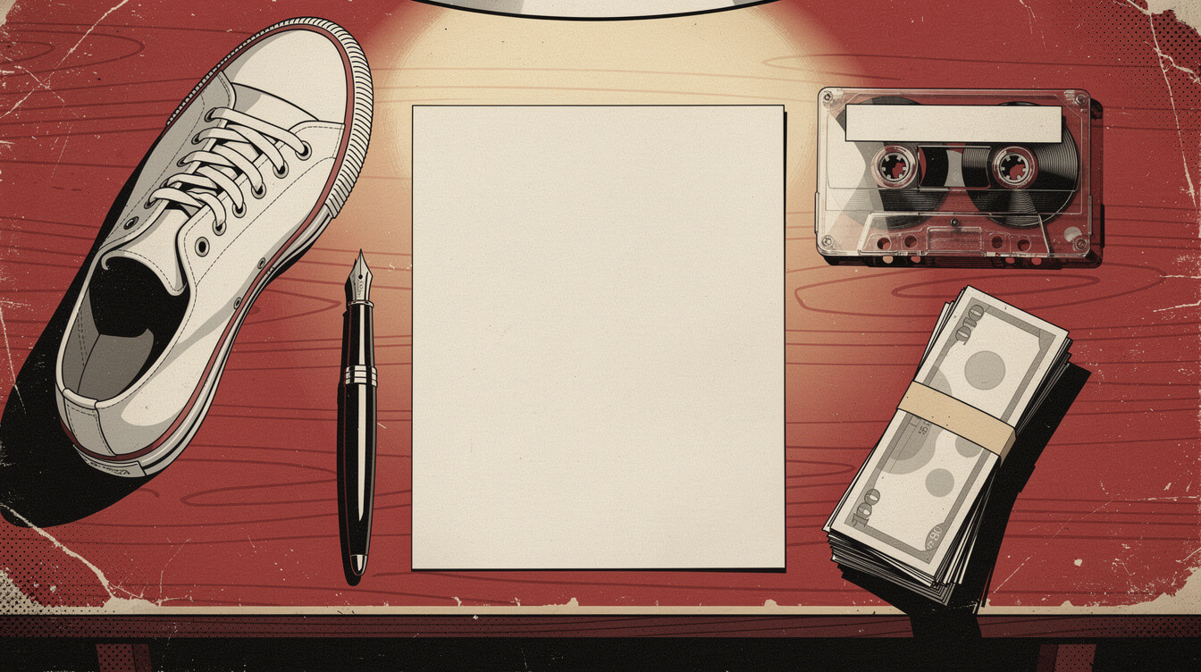 Retro desk with contract, shell-toe sneaker, cassette and gold rope chain