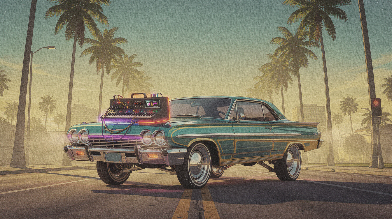 G-funk era lowrider and synthesizer illustration