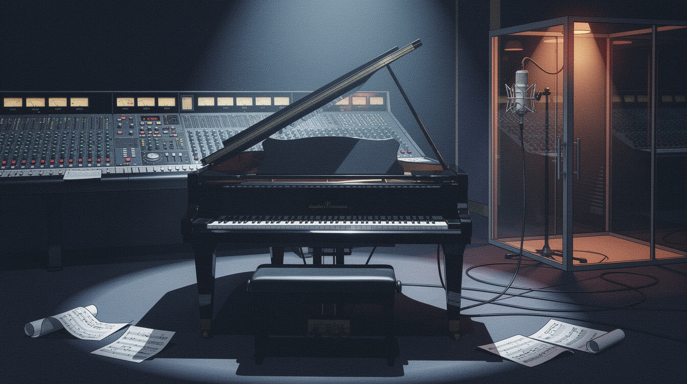 Dr. Dre songs 2001 era piano in a recording studio