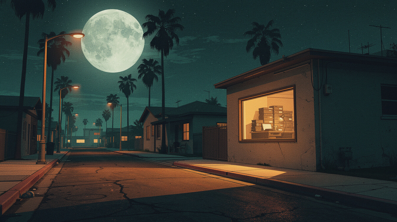 Compton at night with unreleased master tapes in a studio window