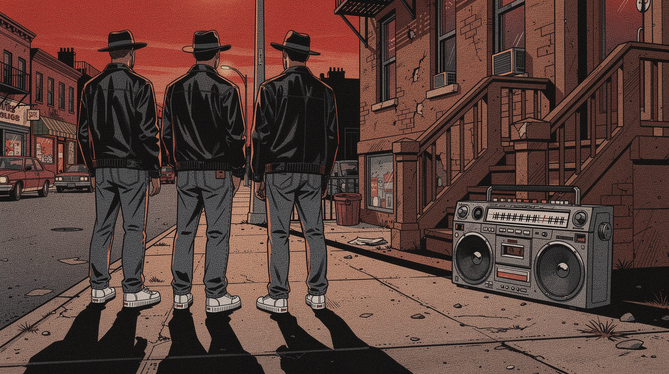Illustration of a 1980s Queens street corner in hip-hop style