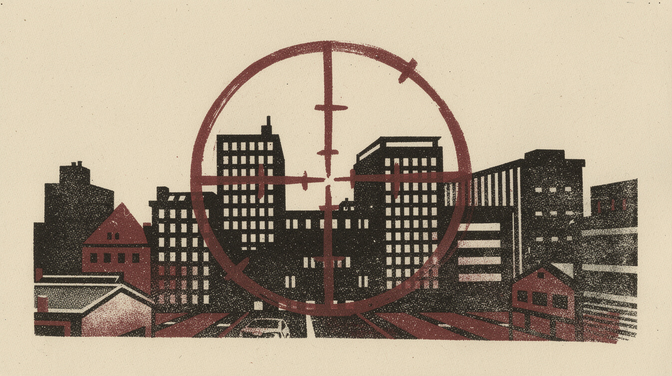 Two-color screen print of a crosshair over a city skyline, protest poster style