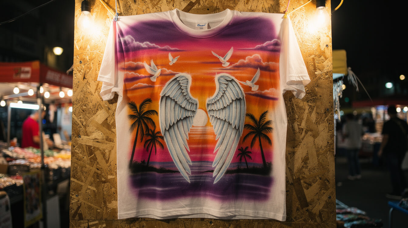 Airbrushed memorial tee with sunset and doves at a night street market stall