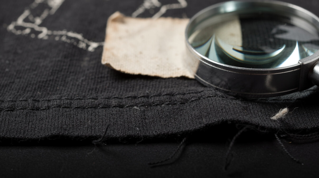 Macro photo of a single-stitch tee hem and blank neck tag with a loupe