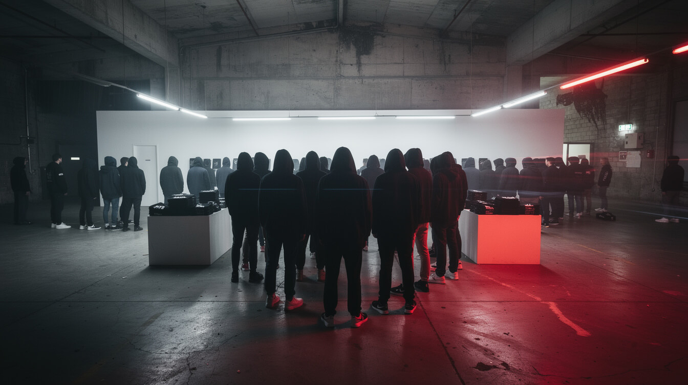 Long queue at a minimalist hip-hop merch pop-up shop at night