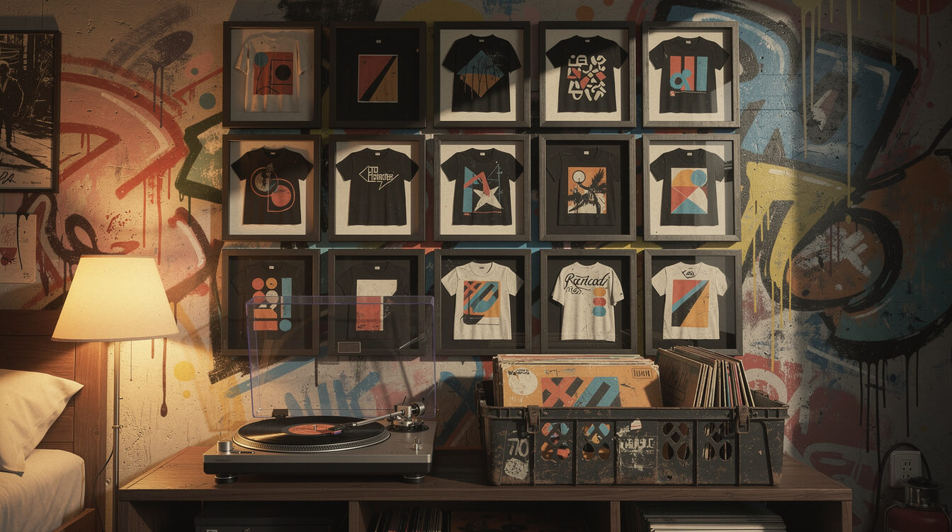 Wall of framed vintage tees above a turntable and record crate
