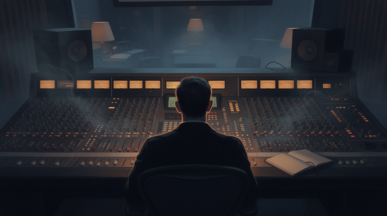 Silhouette at a studio mixing console, Rap-A-Lot Records Scarface solo era illustration
