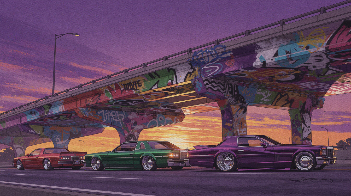 Houston slab cars under a graffiti overpass, Rap-A-Lot Records deep bench illustration