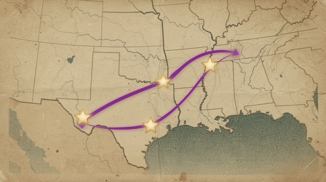Vintage map of Southern rap capitals connected by purple routes, Rap-A-Lot Records blueprint