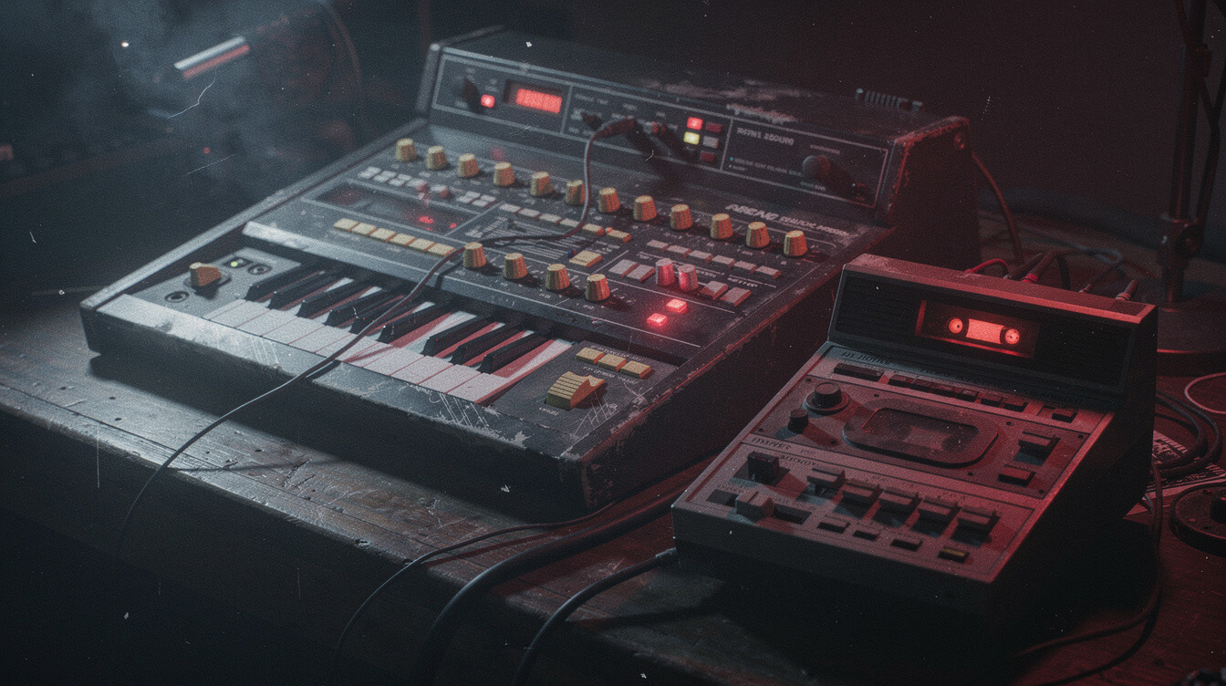 Three 6 Mafia members DJ Paul and Juicy J production setup with drum machine and cassette recorder