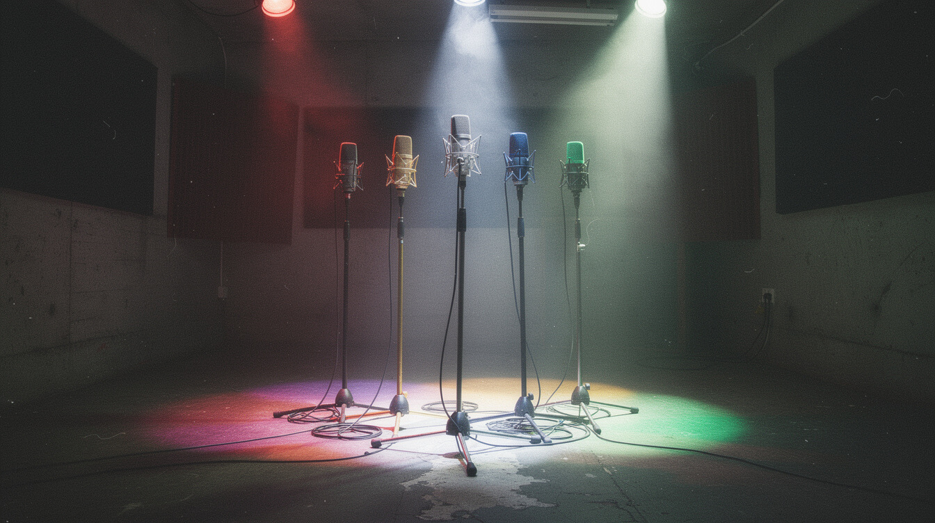 Six vintage microphones under colored spotlights representing the Three 6 Mafia members