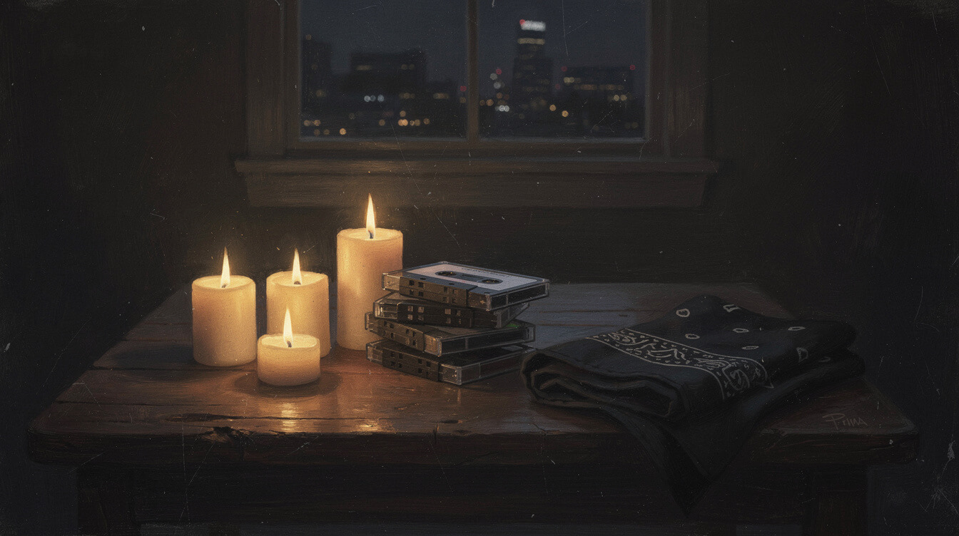 Candles and cassette tapes memorial for the Three 6 Mafia members who passed