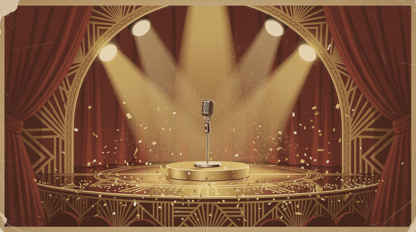Golden award-show stage illustration for Three 6 Mafia's 2006 Oscar win