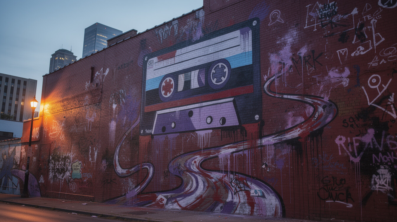 Memphis street art mural with a cassette tape, representing the Three 6 Mafia members' legacy