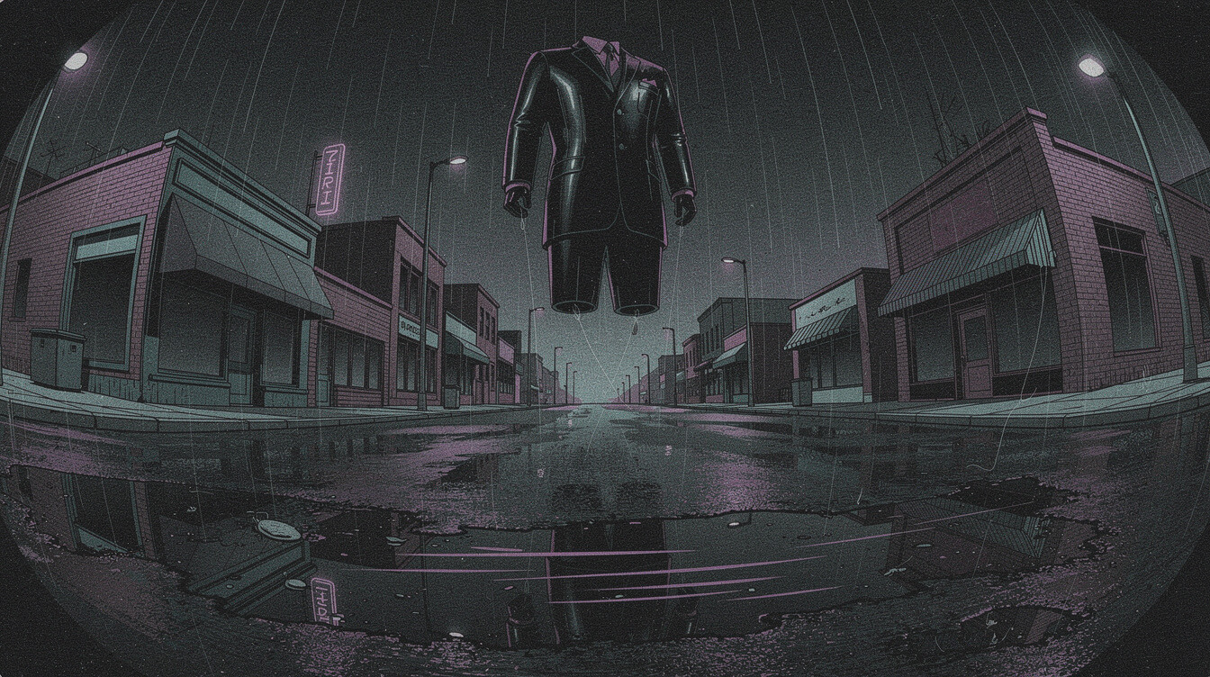 Late-90s rainy street with an inflatable suit, inspired by Missy Elliott's The Rain video