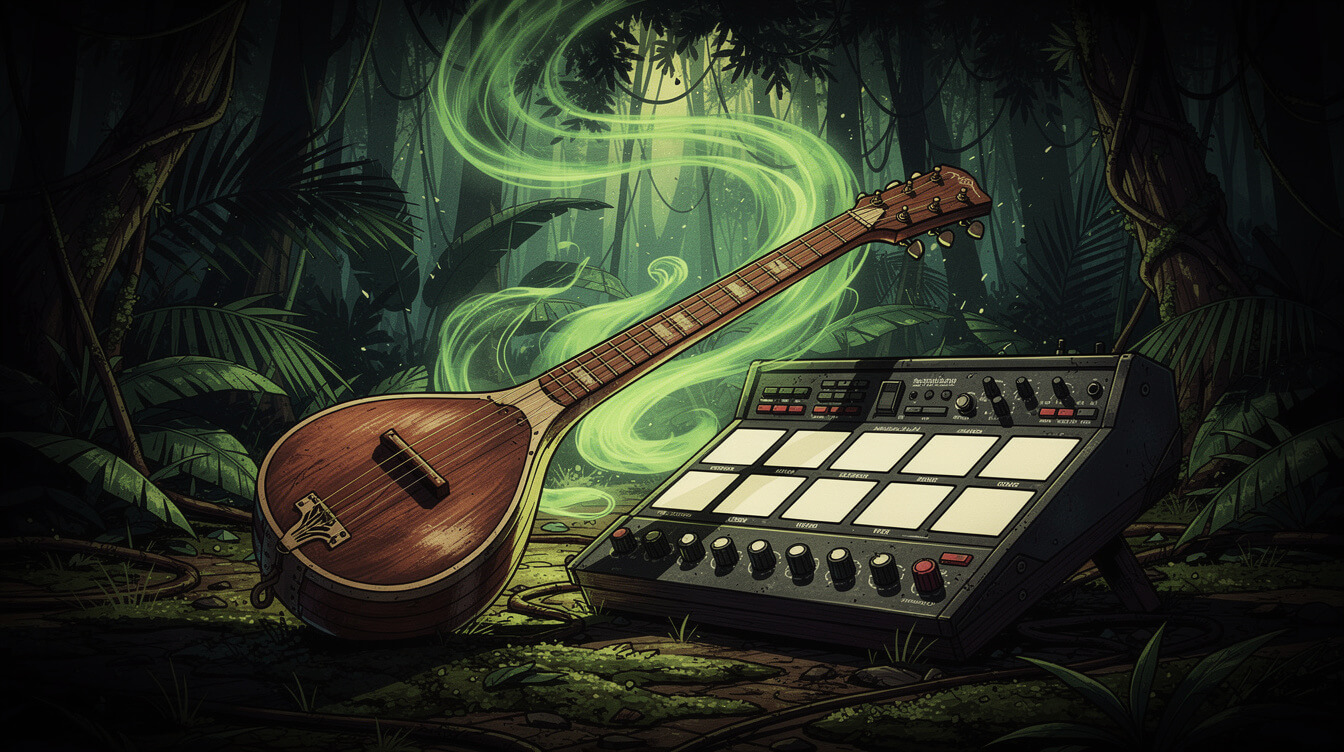 Tumbi and drum machine in a green jungle, a nod to Get Ur Freak On