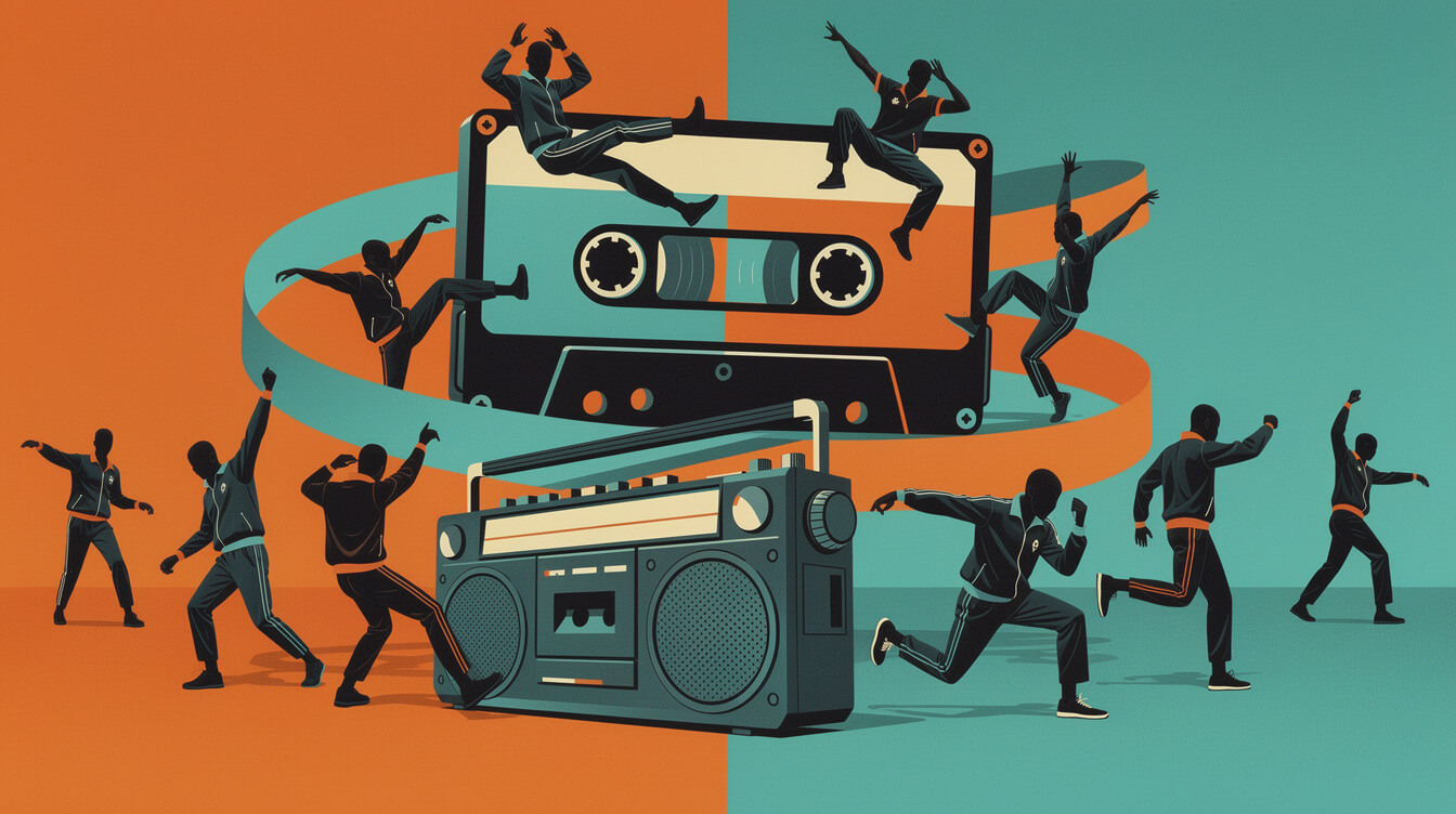 Cassette tape ribbon looping backwards at a block party, a nod to Work It