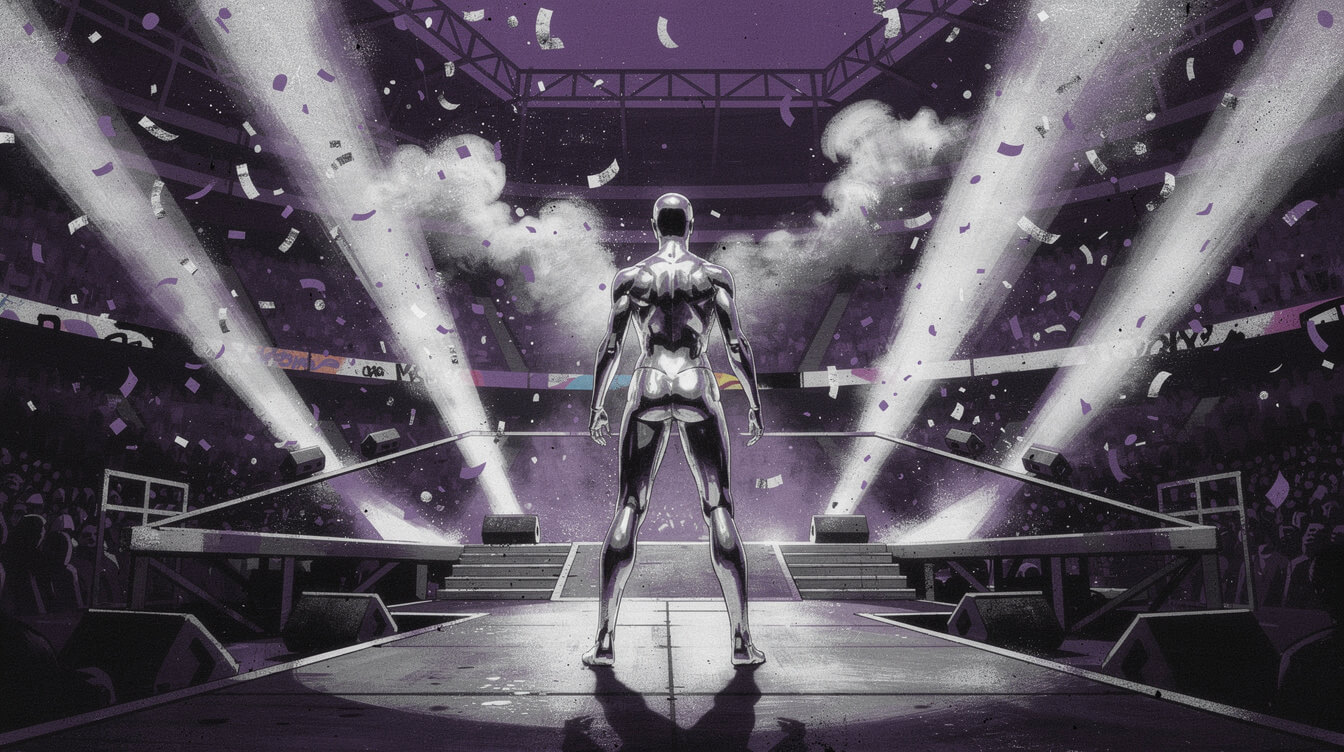 Halftime stage with a silver-suited performer, a nod to Missy Elliott's 2015 Super Bowl moment