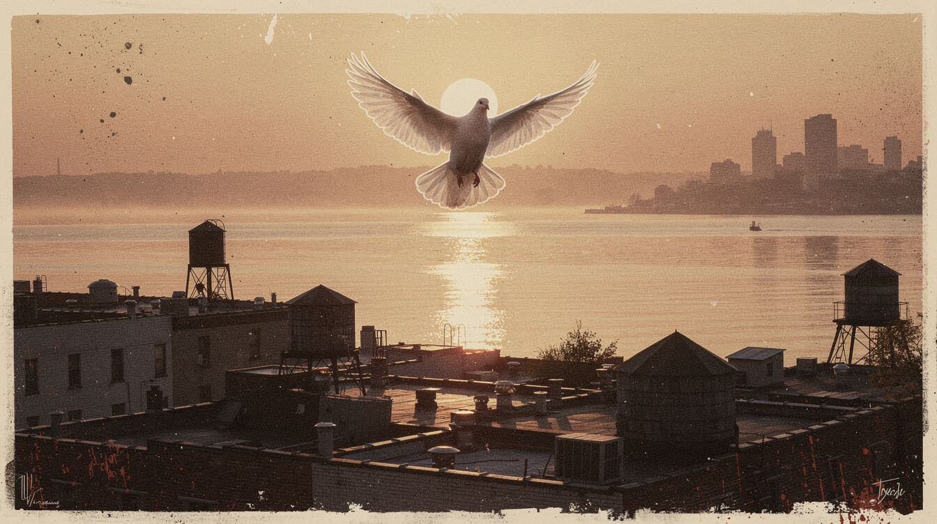 Dove rising over Yonkers at dawn, illustration for DMX Exodus