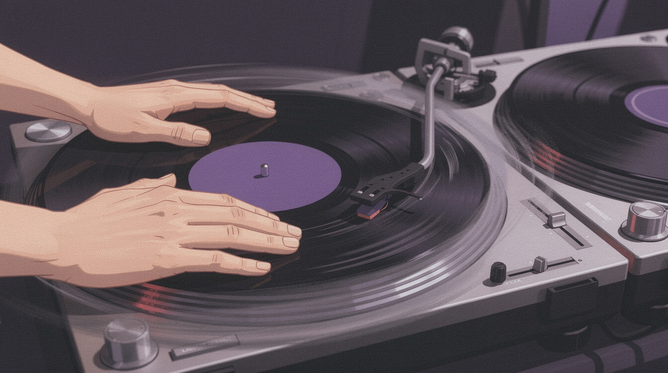 Hands slowing a vinyl record on a turntable, the chopped and screwed technique