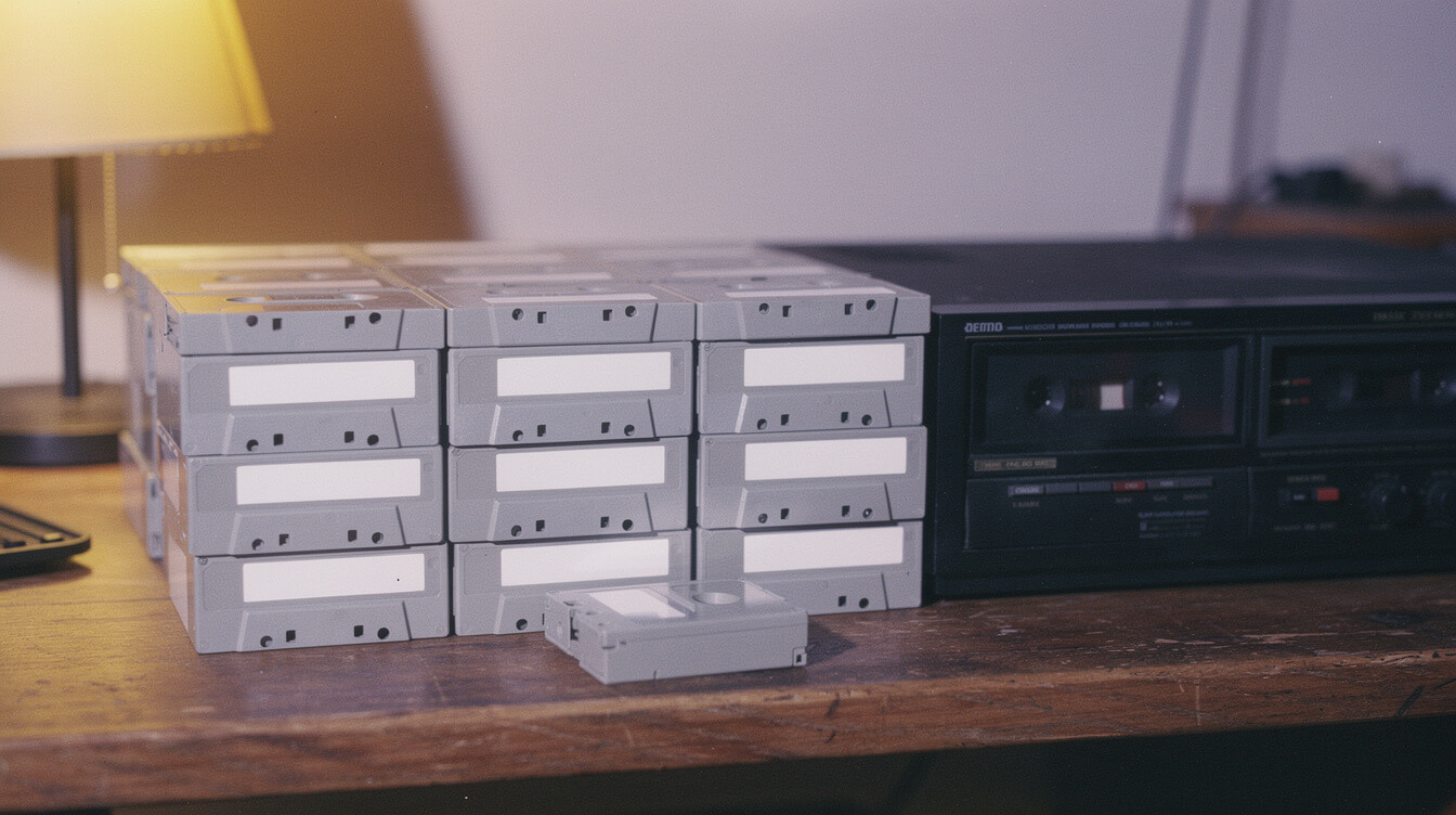 Stacks of blank cassette tapes like DJ Screw's Screw tapes